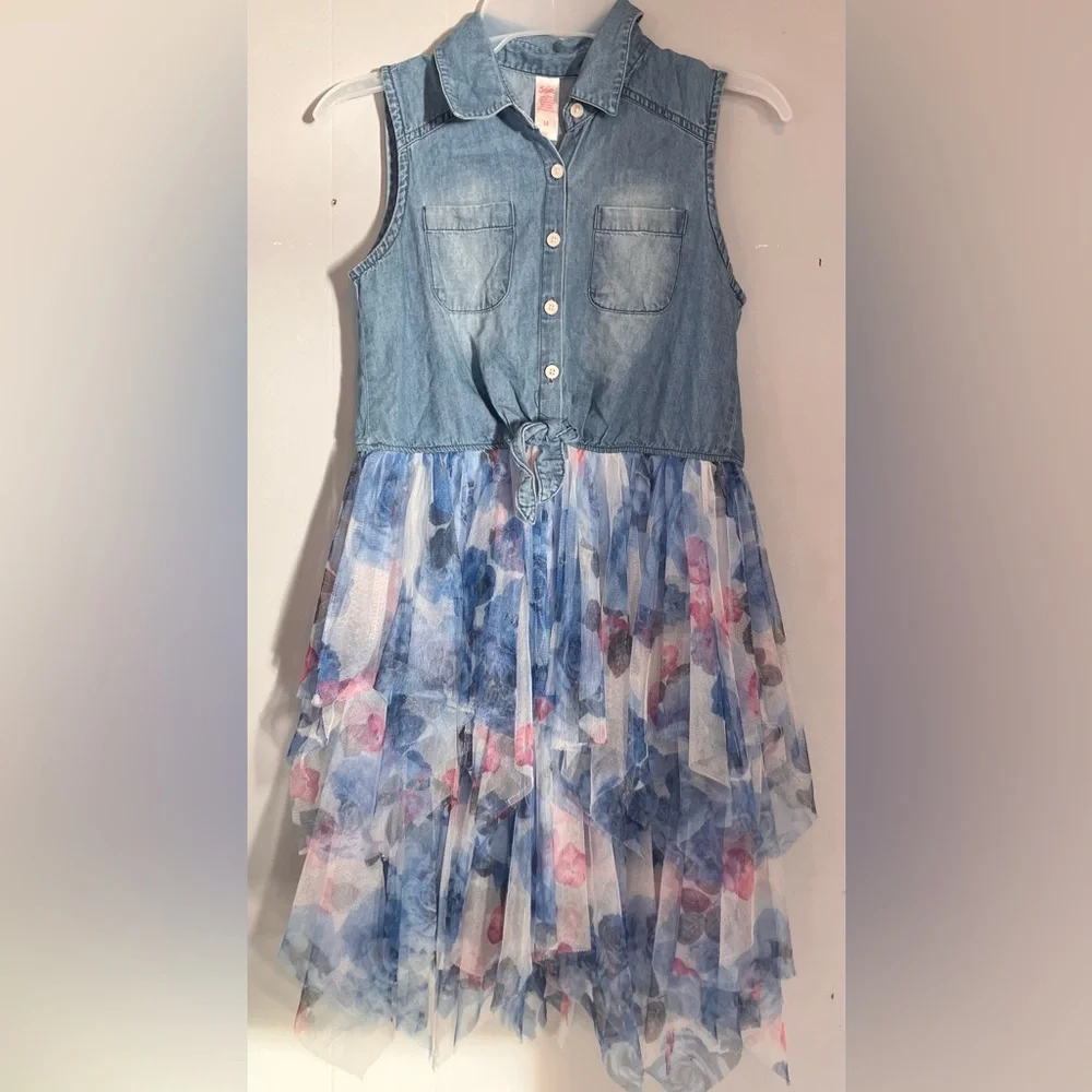 Justice denim & floral toule layered dress spring summer size 14 sleeveless flaw